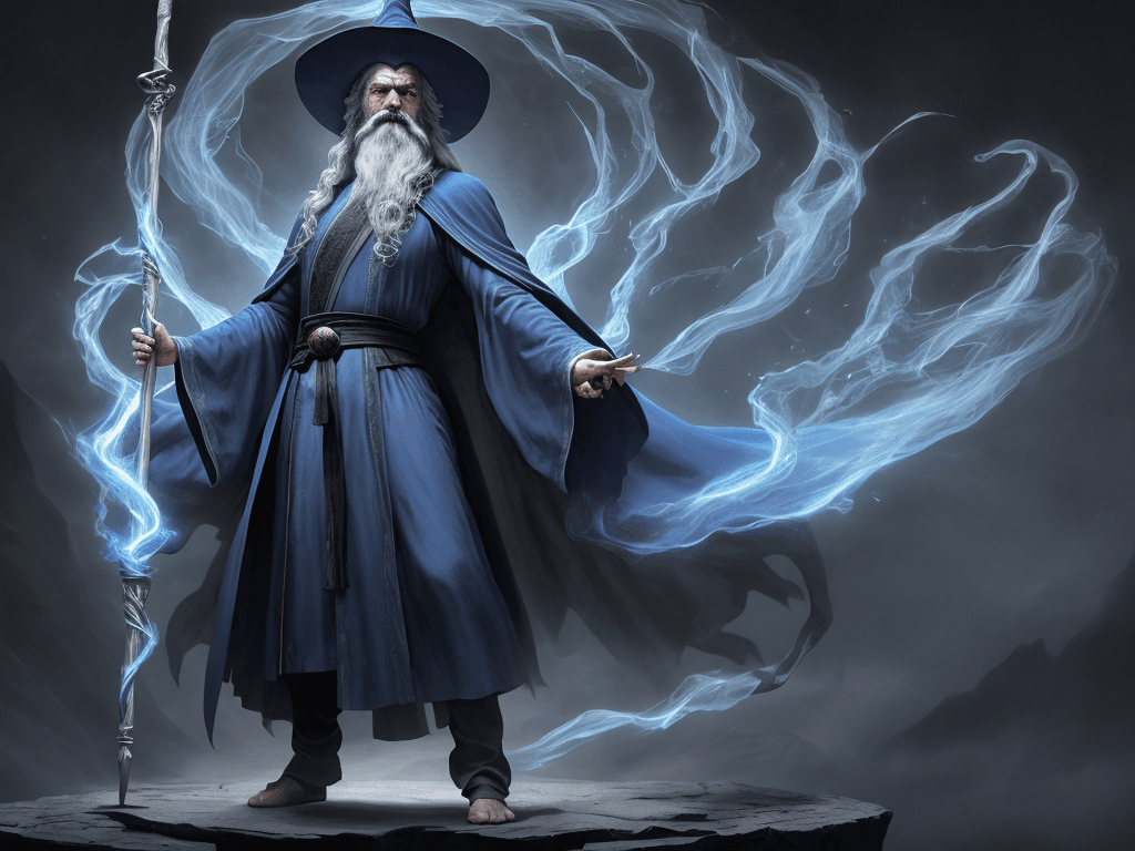 AI generated: a wizard standing in a dramatic pose, with a staff in hand, set against a dark and mystical backgrou...