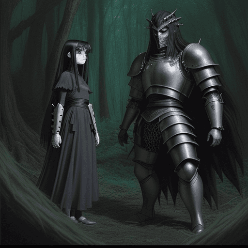 AI generated: dark horror fantasy, ”a girl with black hair and golden eyes in armor fights with a monster in the f...