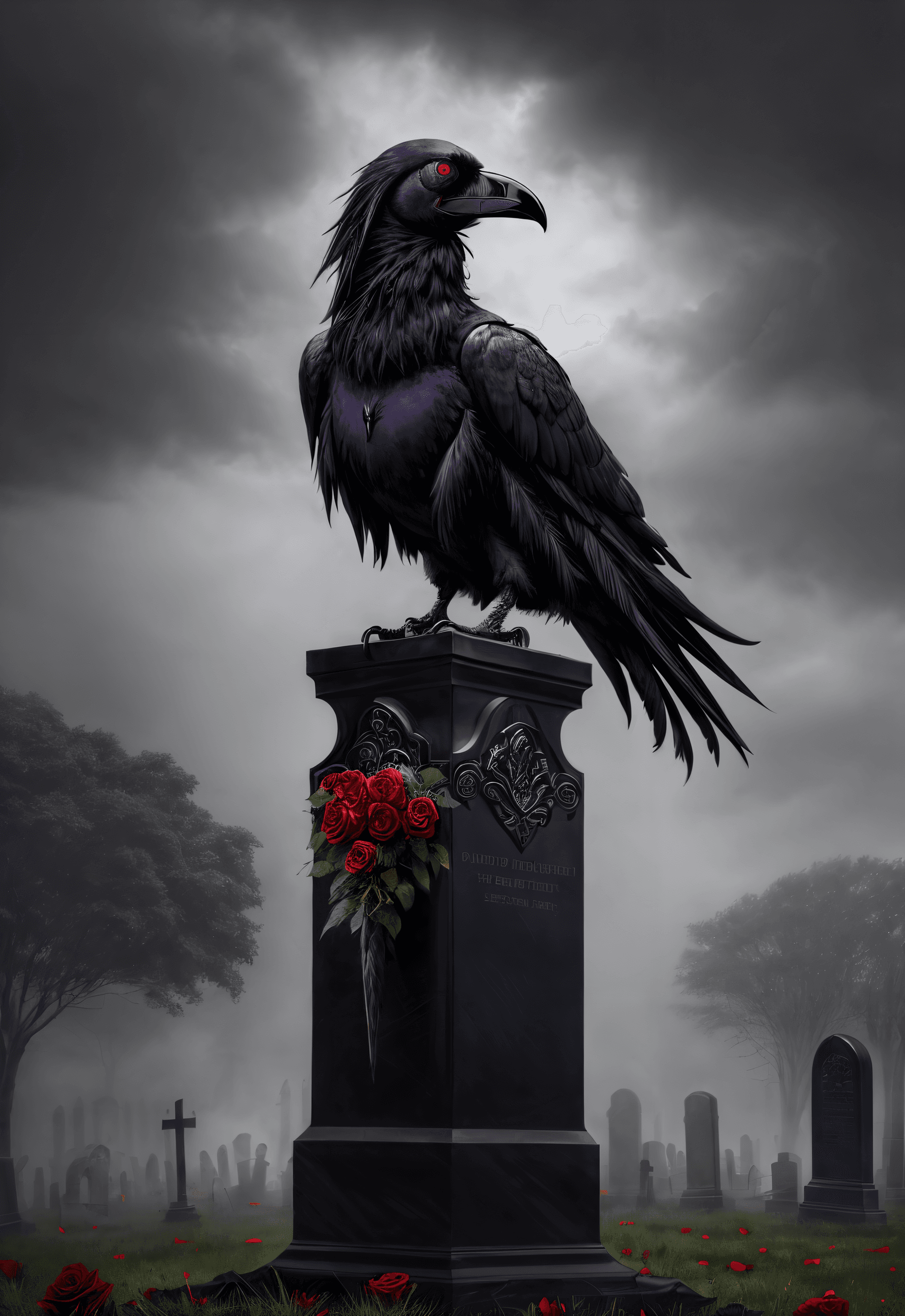 AI generated: (masterpiece award winning high quality:1.2) , a (gothic raven:1.3) perched on a headstone, white fe...
