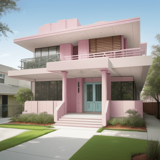 AI generated: modern home in the style of Frank Lloyd Wright, pastel colors in the middle of New Orleans