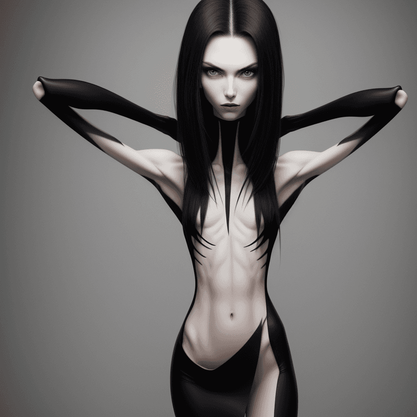 AI generated: photo of face an extremely skinny, flat-chested models with long black curved fingernails, claws,