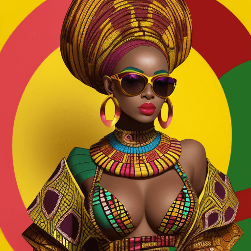 AI generated: Vogue photoshoot of an African woman wearing a vibrant multicolor intricate outfit with big earrings...