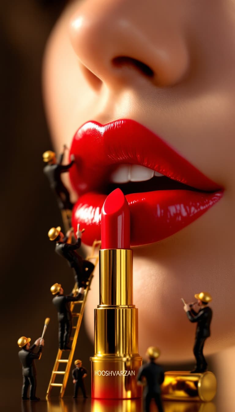 AI generated: A hyper-realistic side shot of a model's glossy red lips, perfectly smooth and bold. Miniature worke...