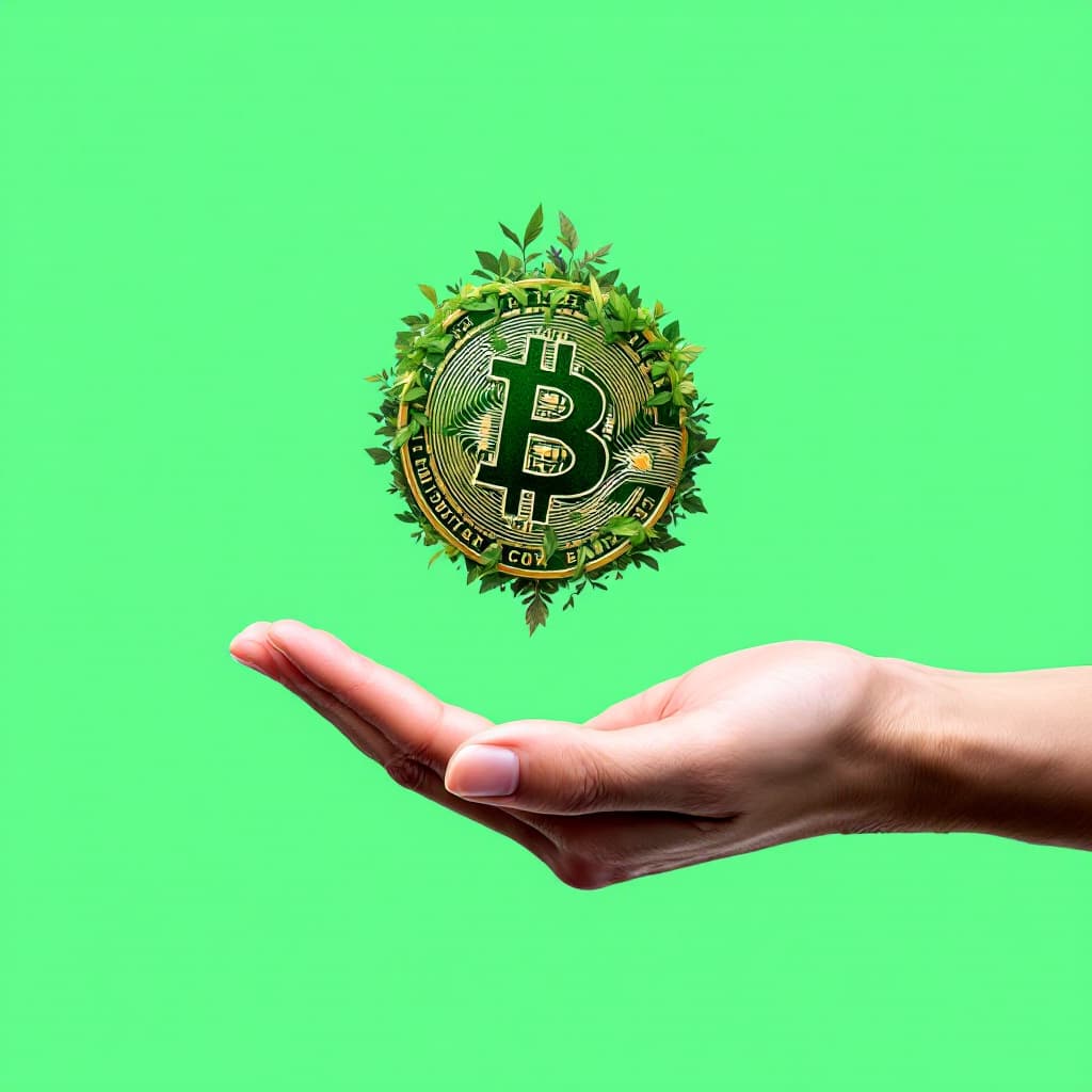 AI generated: hand holding bitcoin having green background
