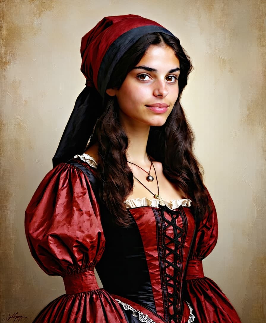 AI generated: (2/3 profile), ravishing beautiful Portuguese woman, 157 centimeters tall, weighing 50 kilograms, we...