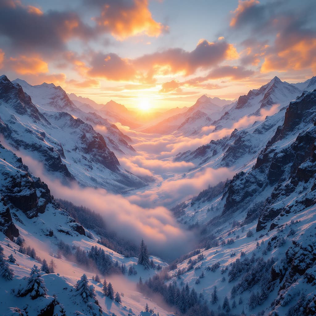 AI generated: snowy valley, with steep mountains around, detailed 4k, drone-like view from above in the sky, with ...