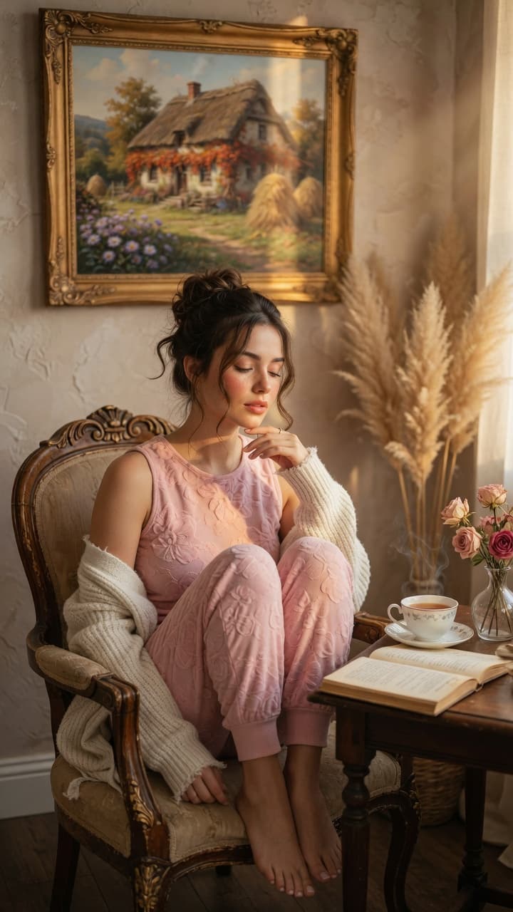 AI generated: A stunning ultra-realistic photograph of a beautiful young woman in a cozy sunlit room, captured wit...