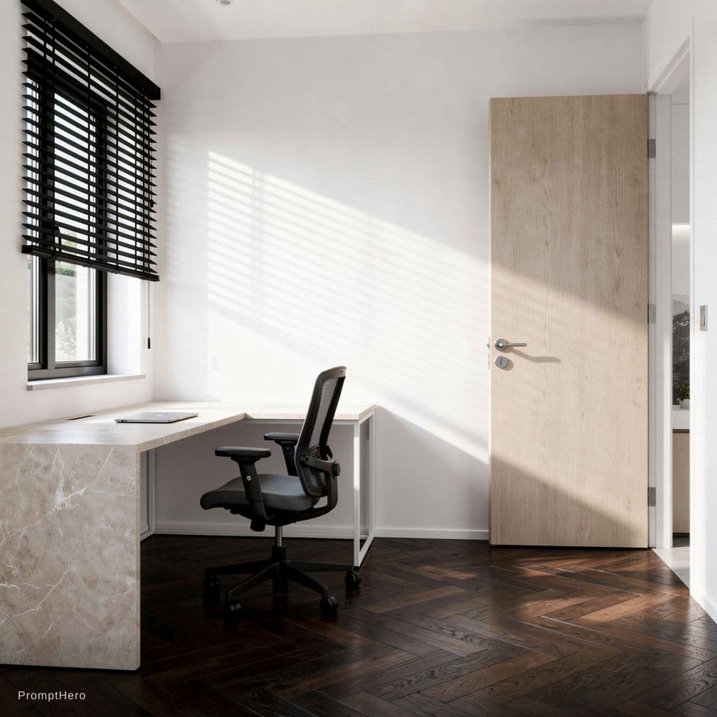 AI generated: A photorealistic, highly detailed image of an ultra-modern, bright home office interior. The view is...