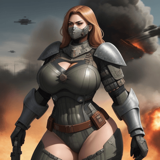 AI generated: Worrier woman in modern armored, large chest, thick thighs, with guns, war in background 