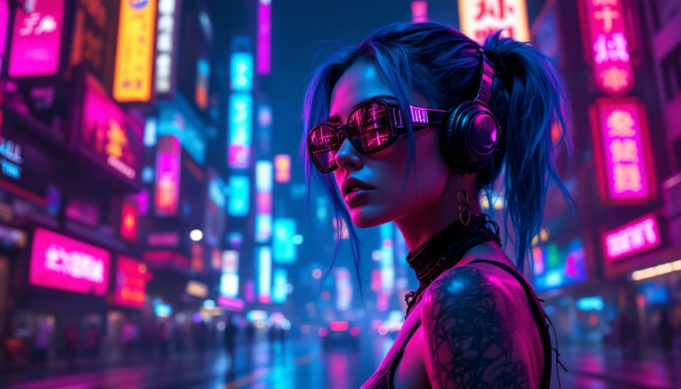 AI generated: "Neon lights. Cyber tattoos. A girl with electric blue hair lost in the heart of a futuristic city. ...