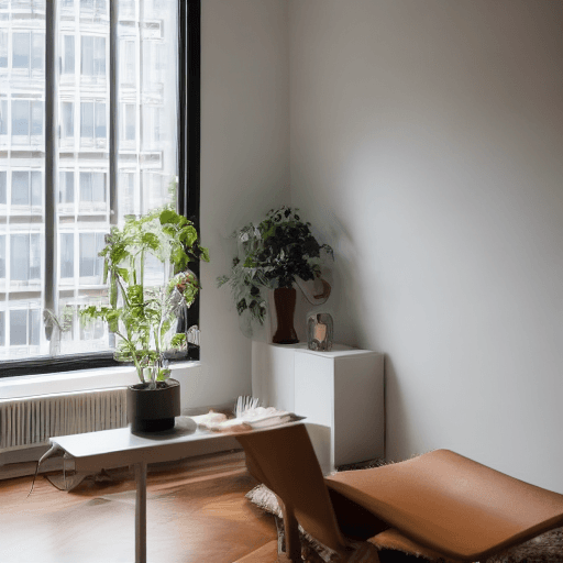 AI generated: photography, minimalism, front shot with eye level, full-frame DSLR, apartment living room, the colo...