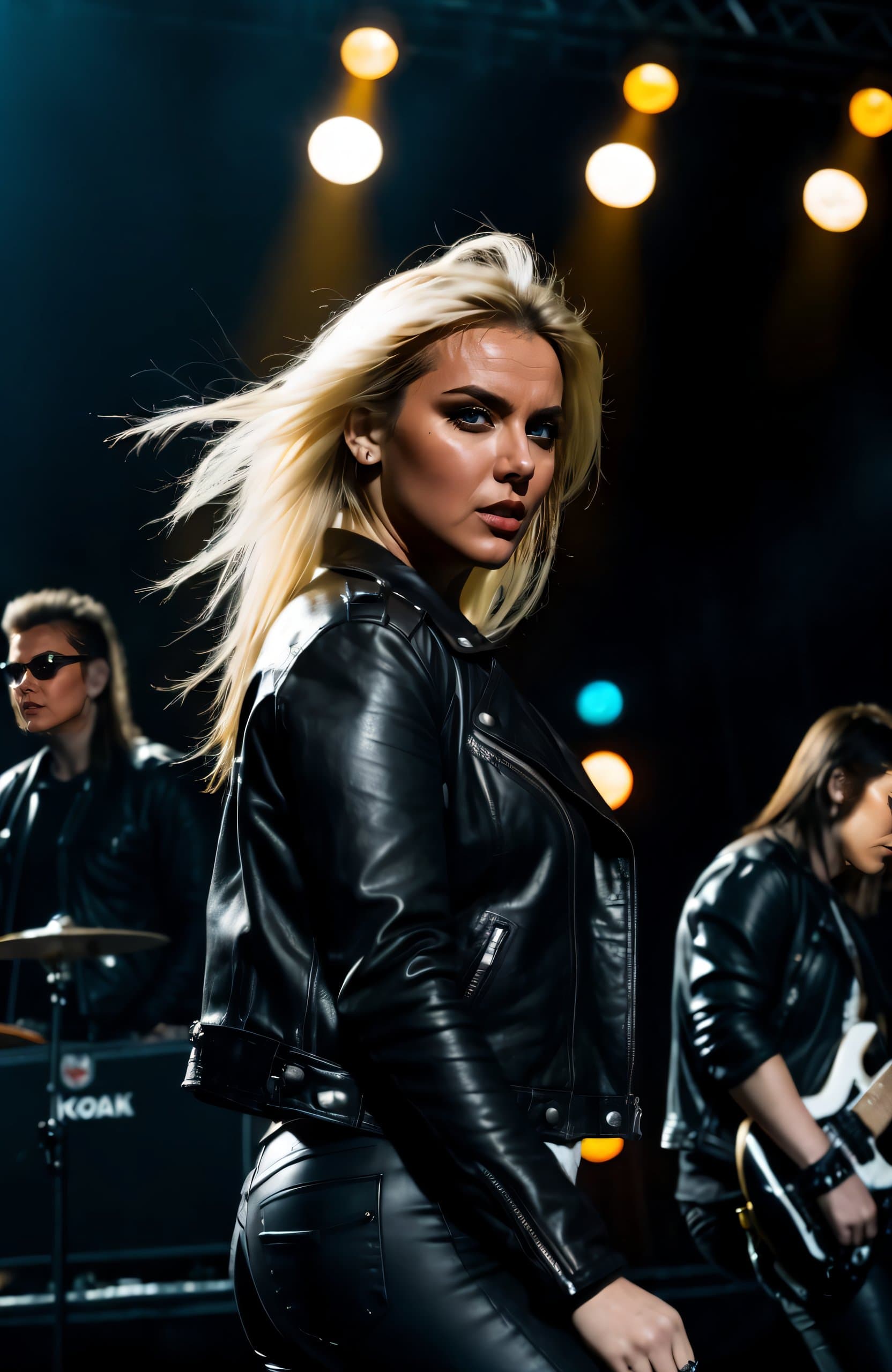 AI generated: action packed, leather jacket, leather pants, black metal, heavy metal, eyes squinting, leaning forw...