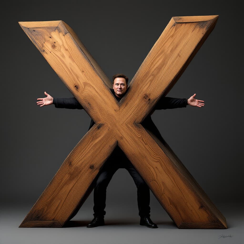 AI generated: Elon Musk, arms and legs in an X on a big wooden letter X