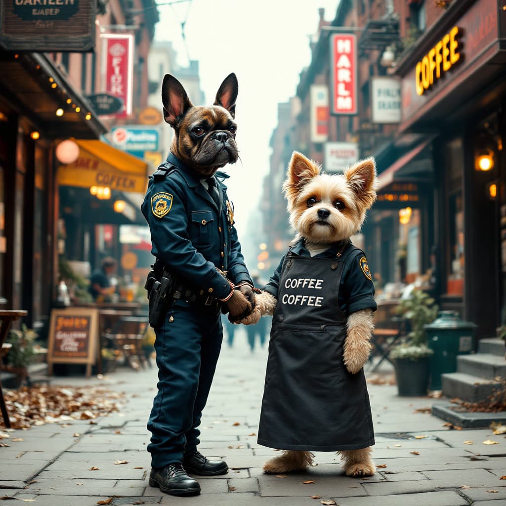 AI generated: A rockwiller dog standing on two legs in a female police suit handcuffing a cute little bearded dog ...