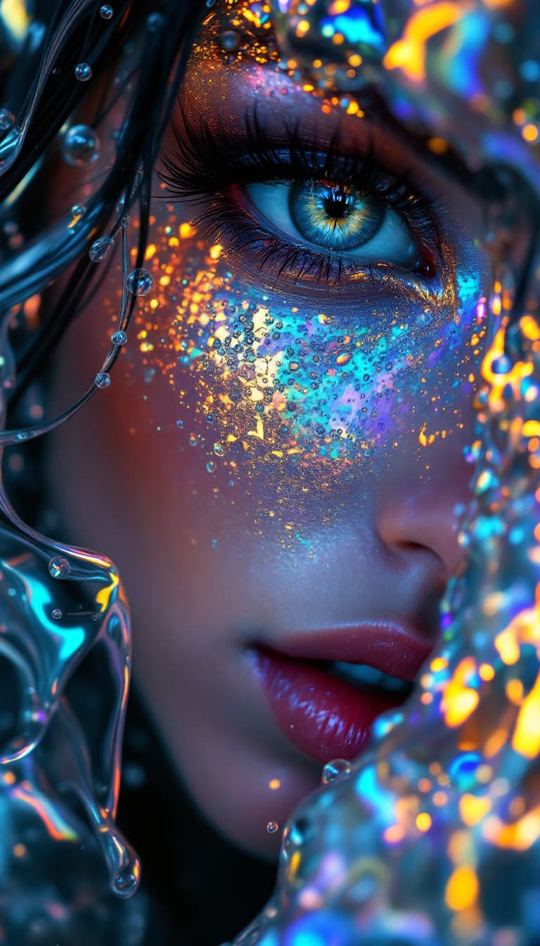 AI generated: Close up of a mesmerizing Female liquid mercury macro complex angles, portal to female shape-shiftin...