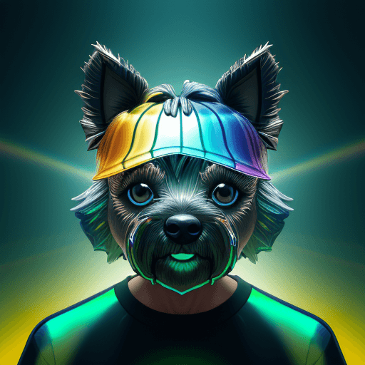AI generated: 3D cartoon cairn terrier Head with Human Body, Wearing Iridescent Holographic Liquid Texture & Trans...