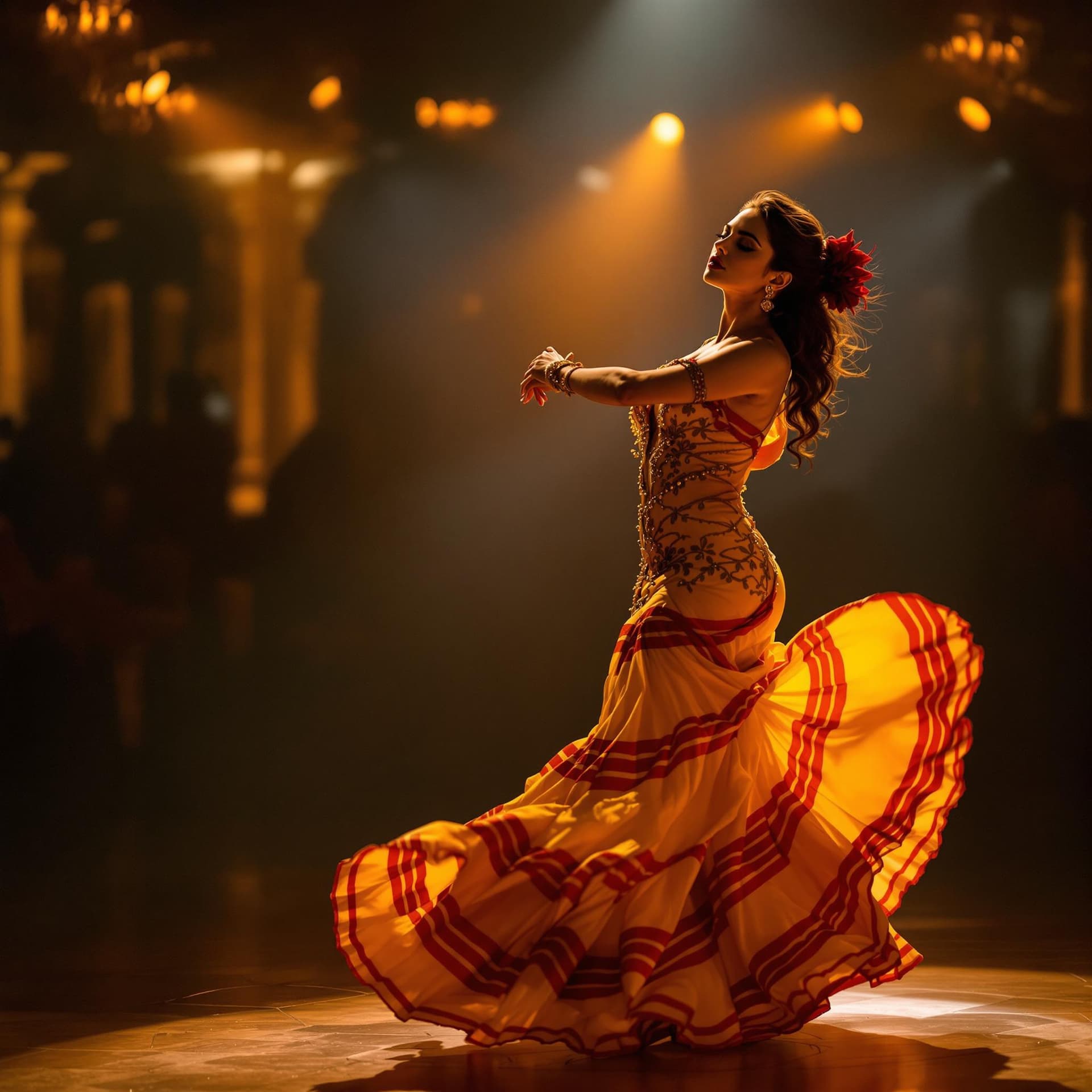 AI generated: photo of Penélope Cruz, in a Spanish flamenco dance floor, passionate Indian beauty, flamenco dancer...