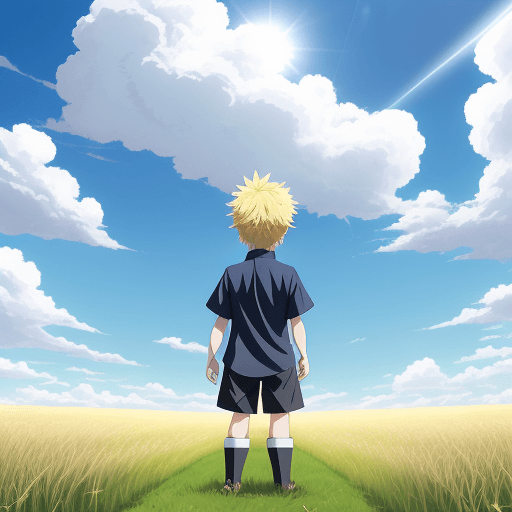 AI generated: An anime blue sky with tall clouds and sun shining with a large field of grass. A chibi boy with blo...