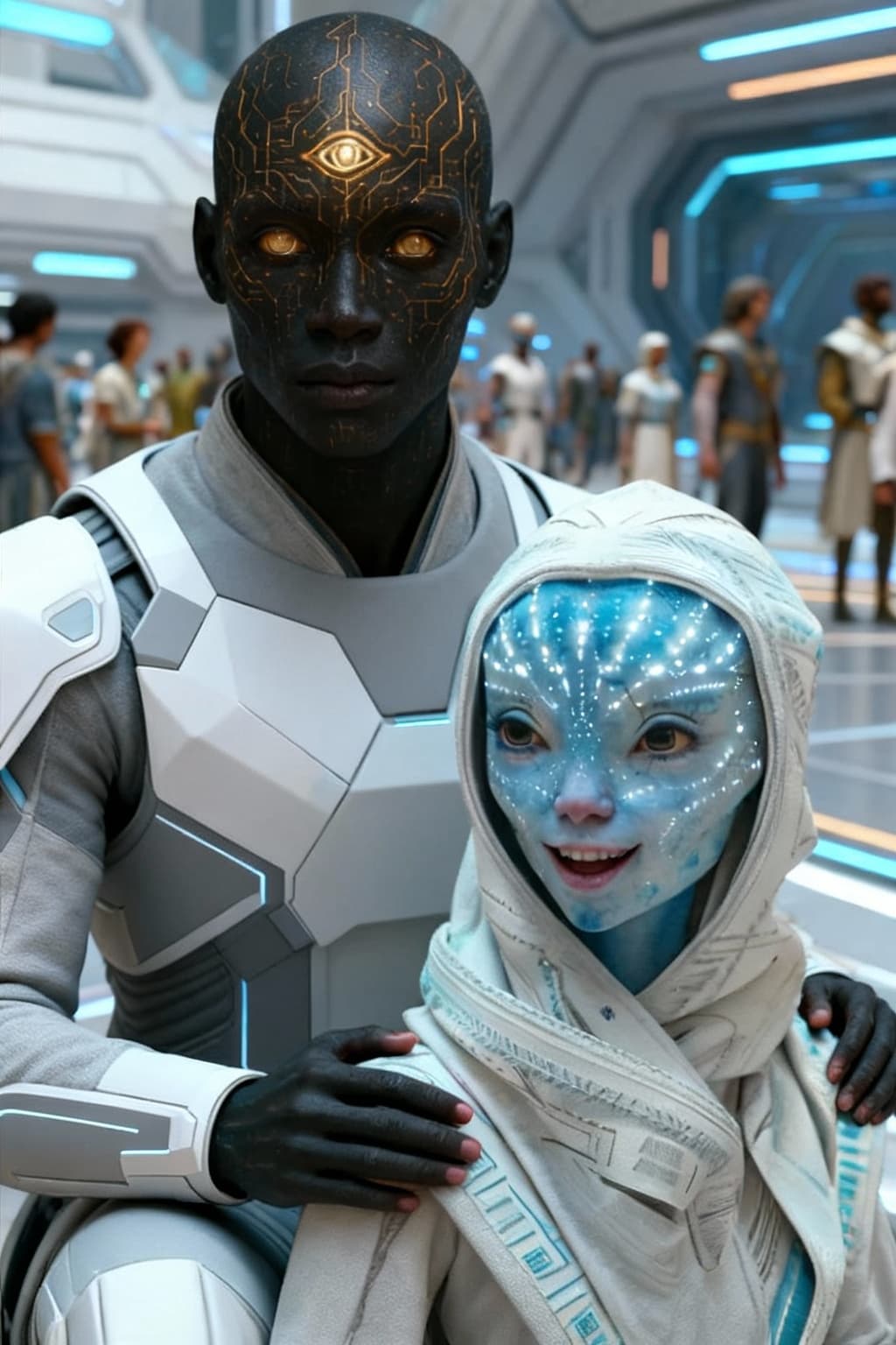AI generated: Blend all character images into a male and female image of culture. Change expressive and emotional ...