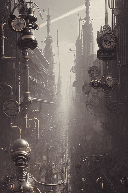 AI generated: A retro-futuristic 19th century city street, strange beings with bright black heads and highly artic...
