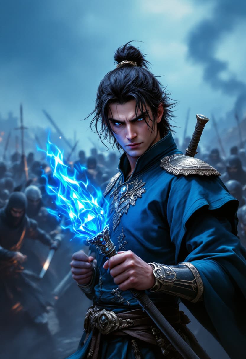 AI generated: Book cover-quality battle scene, a few Japanese style samurai and black-clad Japanese style ninjas a...