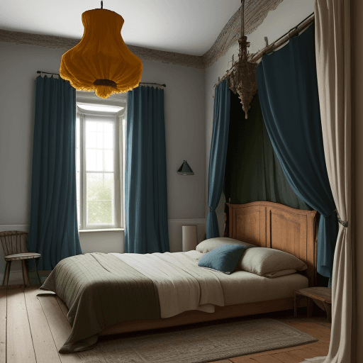 AI generated: Interior of a bedroom painted in Bauwerk Tumeric Colour and dark green linen curtains.  The style is...