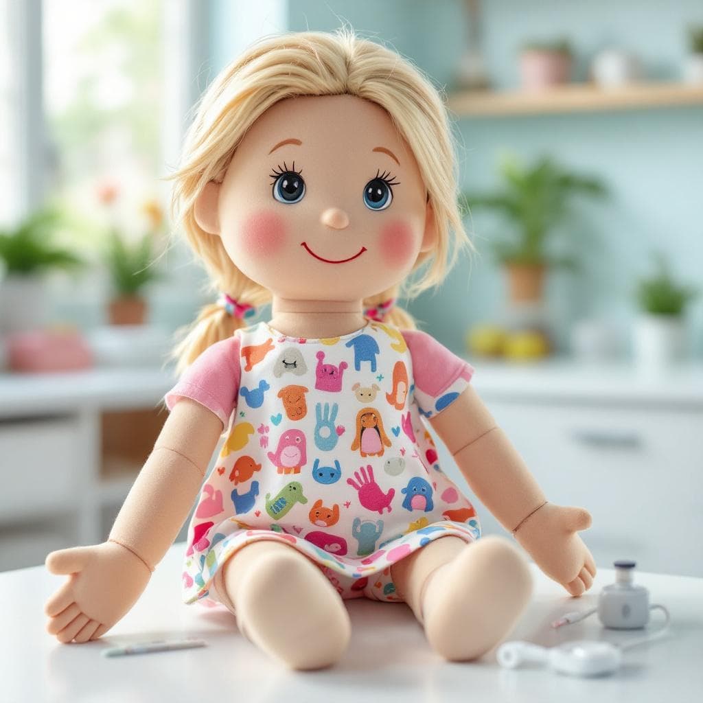AI generated: A 50 cm tall educational rag doll designed for children to learn about blood tests. The doll has a s...