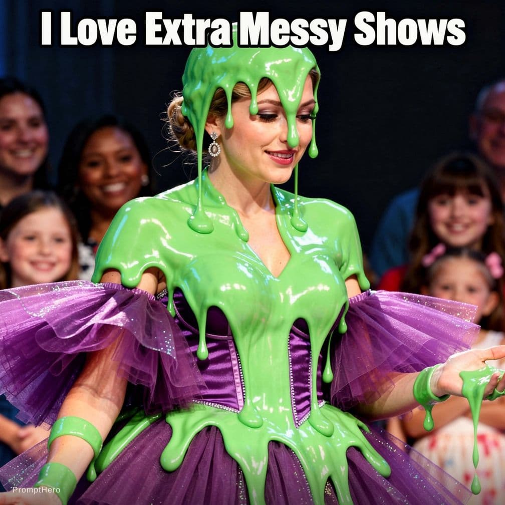 AI generated: Taylor swift covered in green, mucky slime, wearing clown makeup, with the caption "I Love Eating Pa...