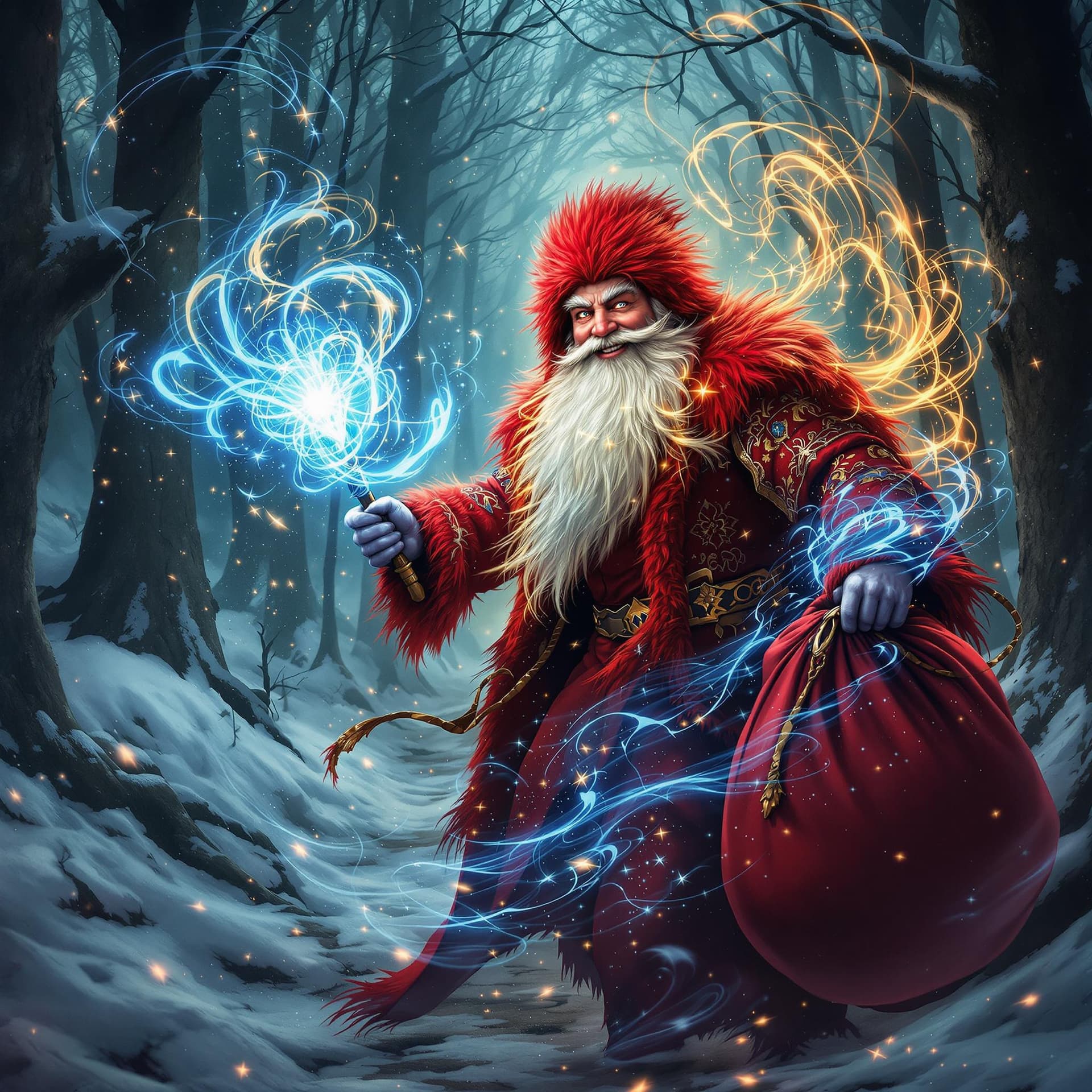 AI generated: movie poster, smiling kind russian uncle frost wearing red rocker clothes is depicted in an action p...