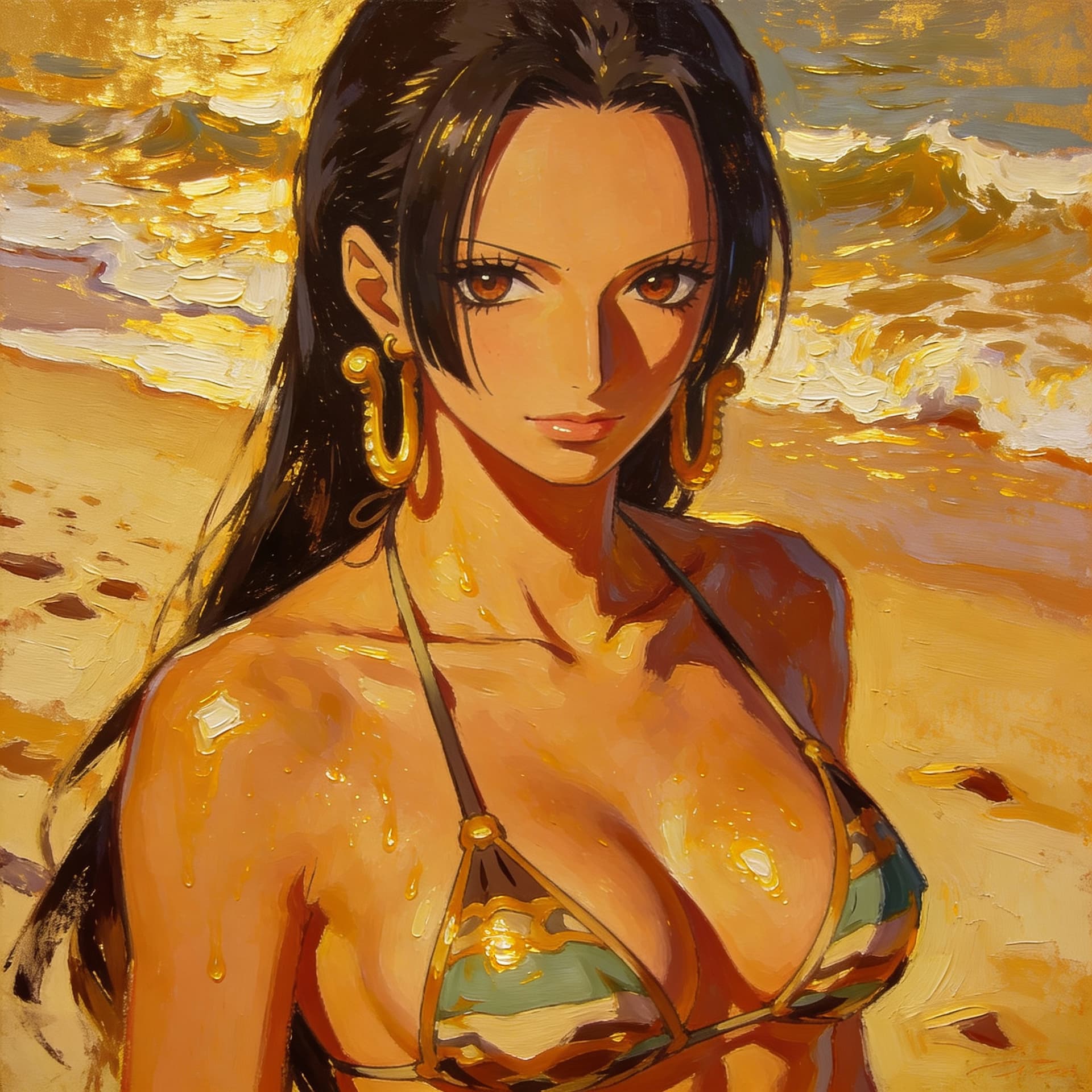 AI generated: nico robin oiled up, bikini, in the beach, close up