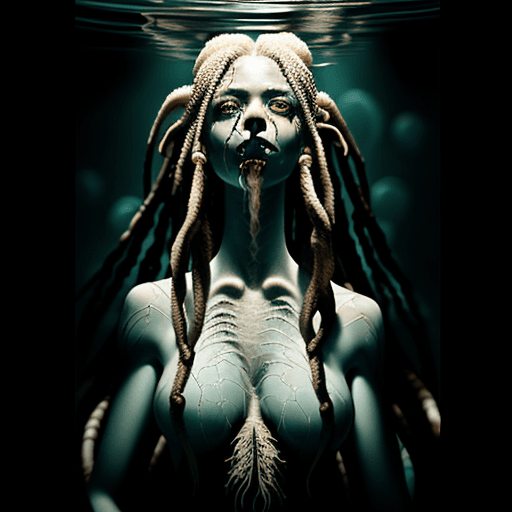AI generated: (Woman, transparent skin, veins,(bubble below her chin)), long tail protruding from water, body wast...