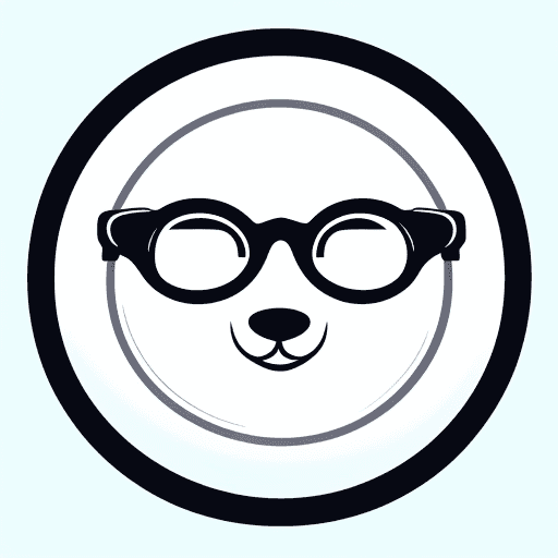 AI generated: round shaped logo, white background, sketch, head seal, happy, wearing round glasses 