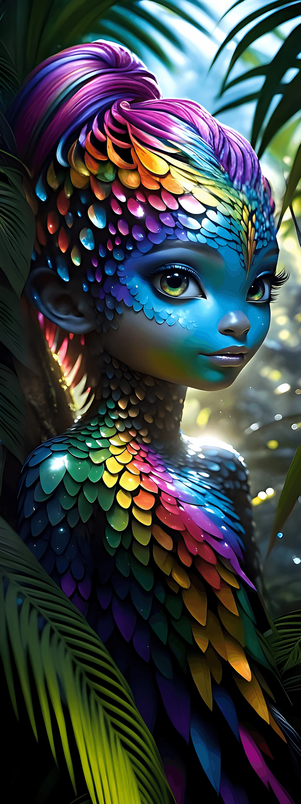 AI generated: This magnificent half human creature with rainbow iridescent skin color, shiny and sparkling, in the...