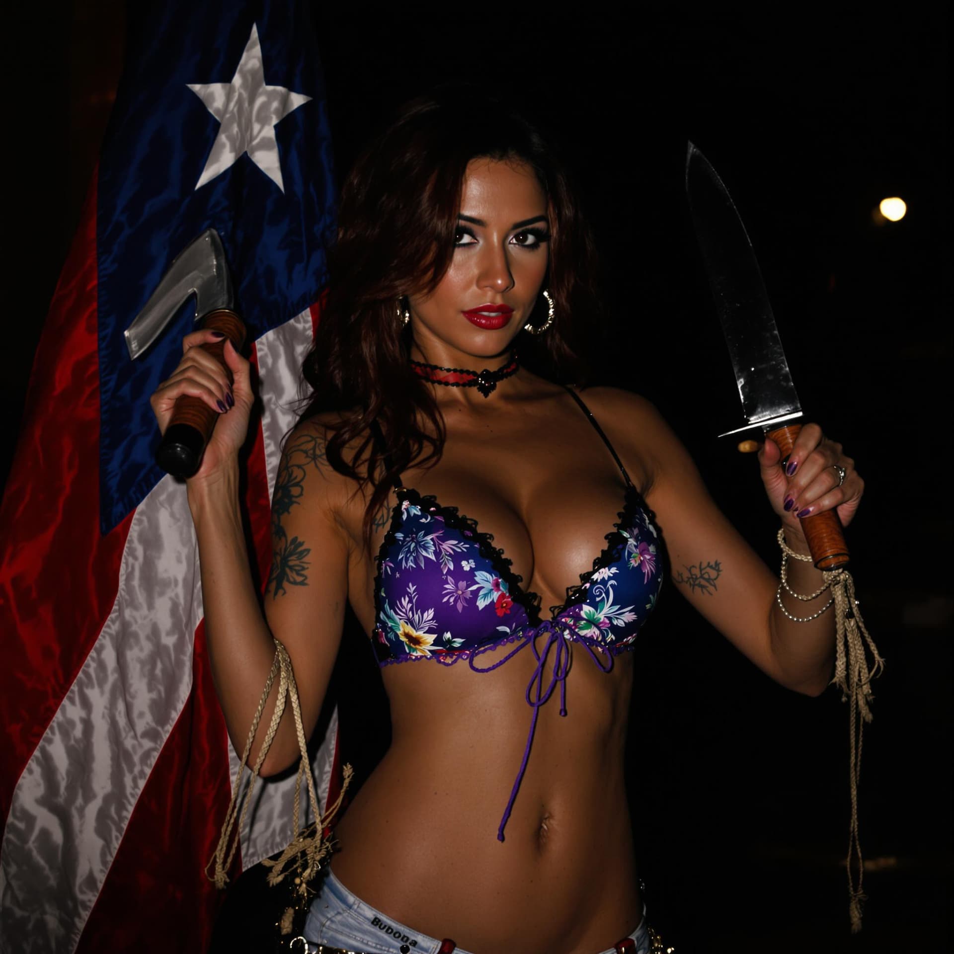 AI generated: a hyper realistic photo of a beautiful Puerto Rican Women with a machete in her right hand and the P...