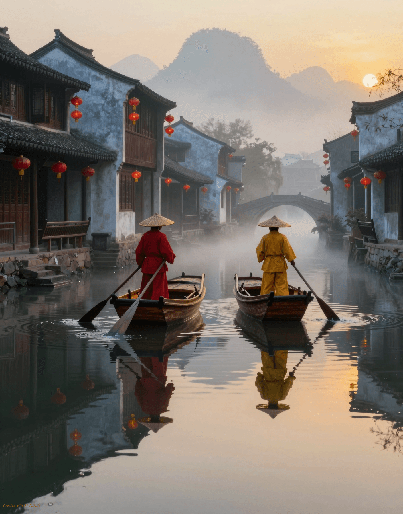 AI generated: Subject
Two traditional Chinese boatmen wearing classic conical straw hats (dǒulì) and simple loose...