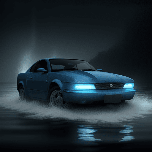 AI generated: a blue car driving through water, spacecraft design, eerie ,  somber mood, nikita  veprikov,  lovecr...