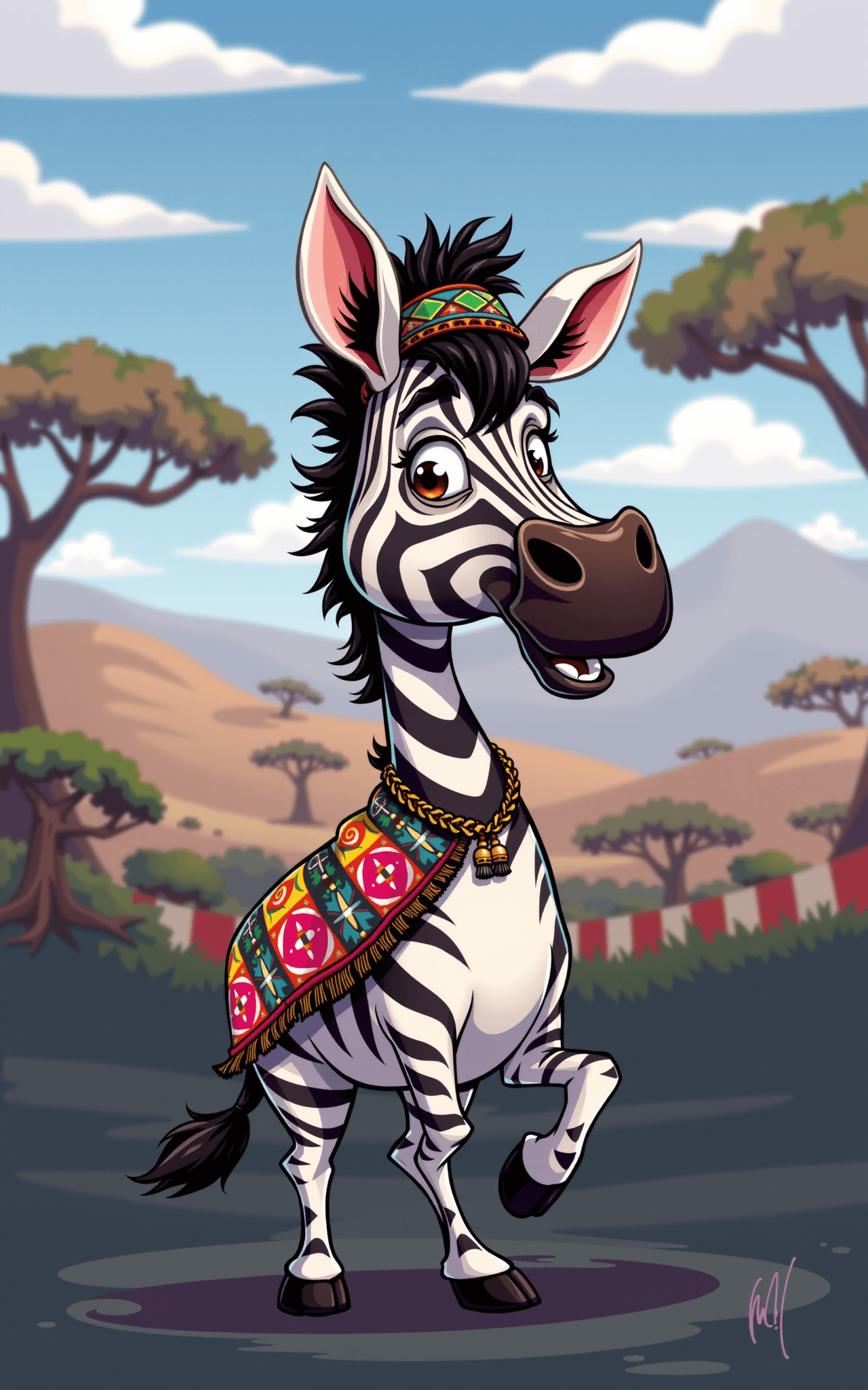 AI generated: Funny caricature of a young zebra character, about 5 years old, with exaggerated features: an elonga...