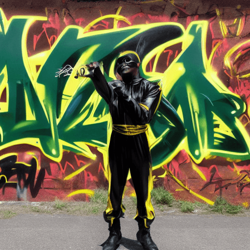 AI generated: A black man in a  green with yellow stripes metallic superhero suit with gold gloves and yellow boot...