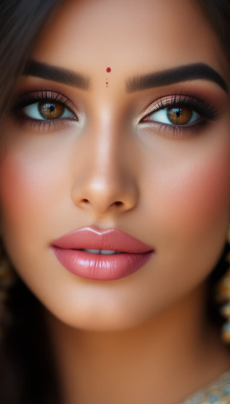 AI generated: "A close-up portrait of a stunning South Asian woman with deep brown eyes and full lips. She has fla...