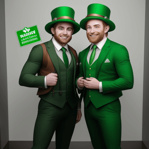 AI generated: 2 leprechauns in green suits with suspenders, holding a large logo in their hands together