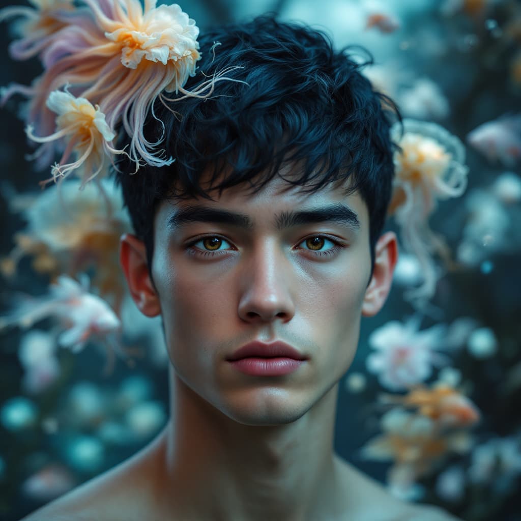 AI generated: A young adult with an attractive appearance, fair skin and defined masculine features, along with a ...