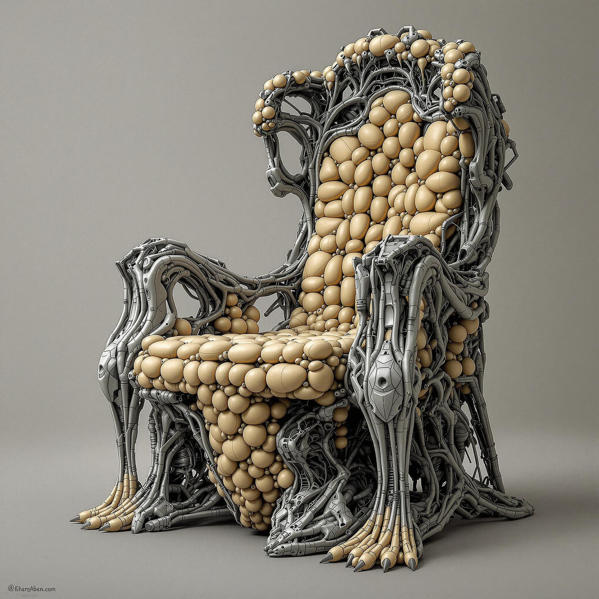 AI generated: huge HR Giger style chair, concept furniture, painting on grey, hyper realistic, illustration, digit...
