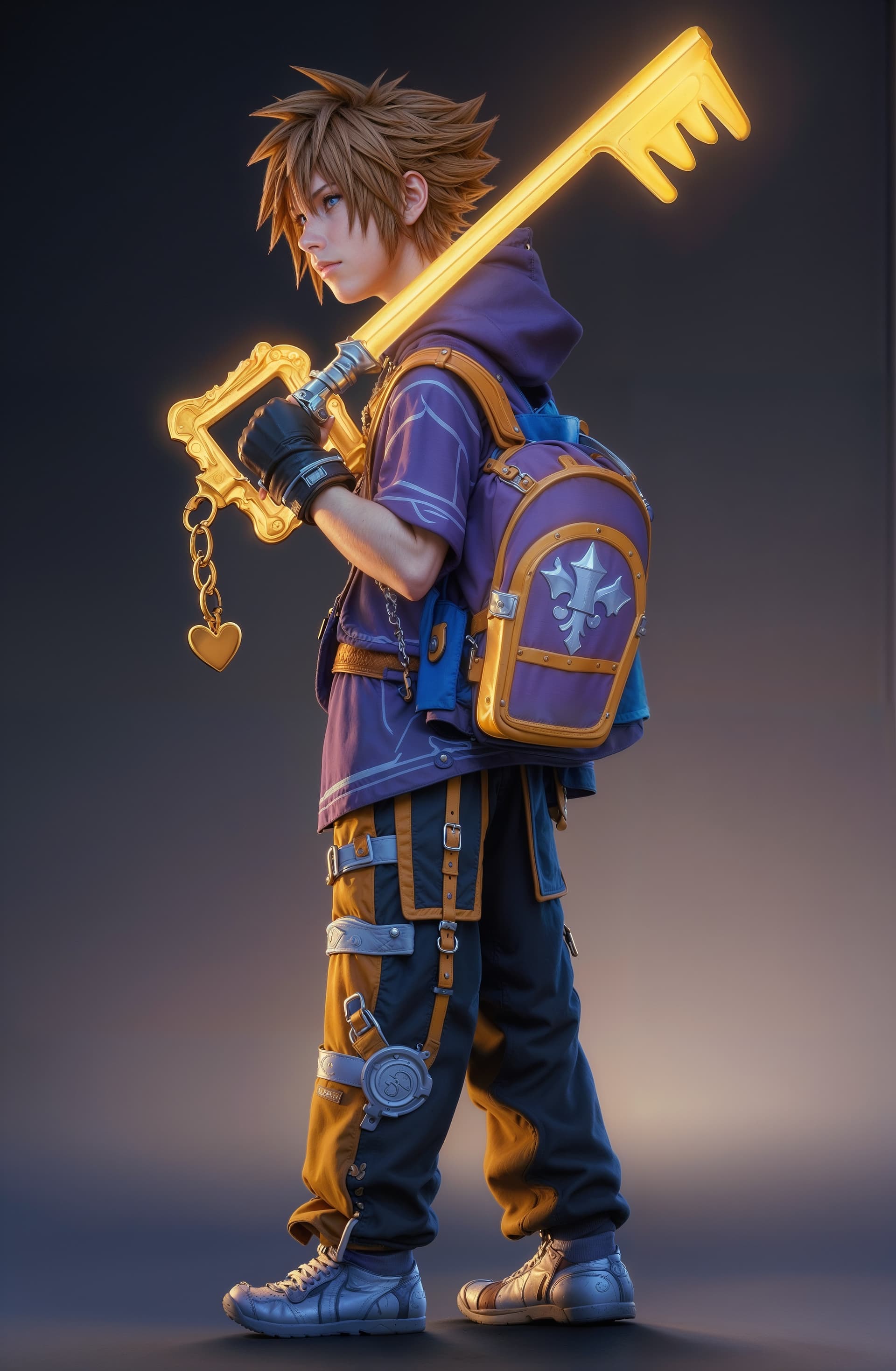 AI generated: A full body photo shot of Iconic character Sora from Kingdom of hearts, wearing his iconic adventuro...