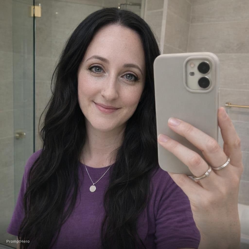 AI generated: Create an ultra-photorealistic horizontal (landscape) mirror selfie of a young adult woman inside a ...