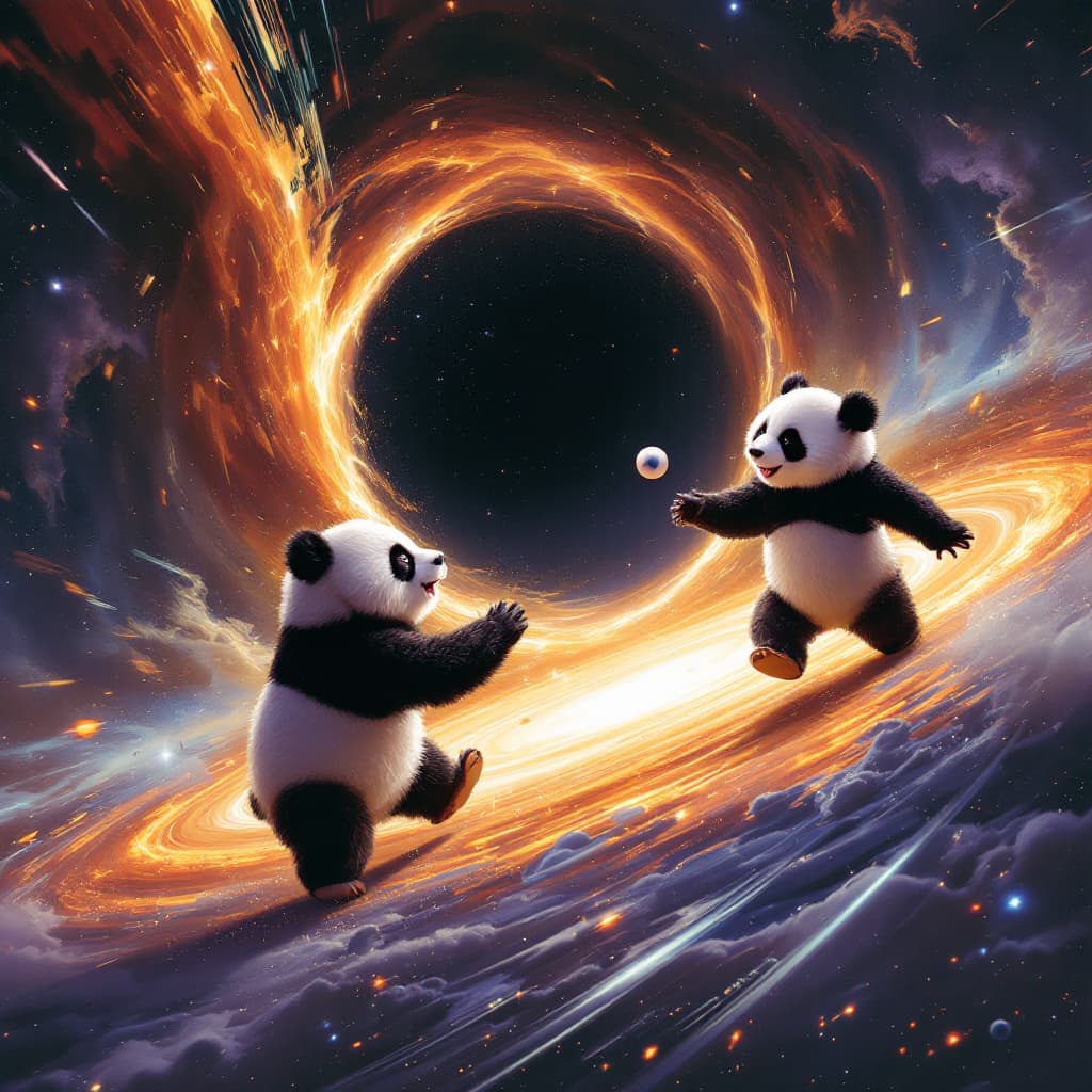 AI generated: design pandas playing ball on the event horizon of a black hole