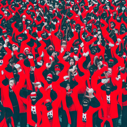 AI generated: AN ARMY OF RED HOODED VILLAINS STANDING WITH THEIR HANDS UP 