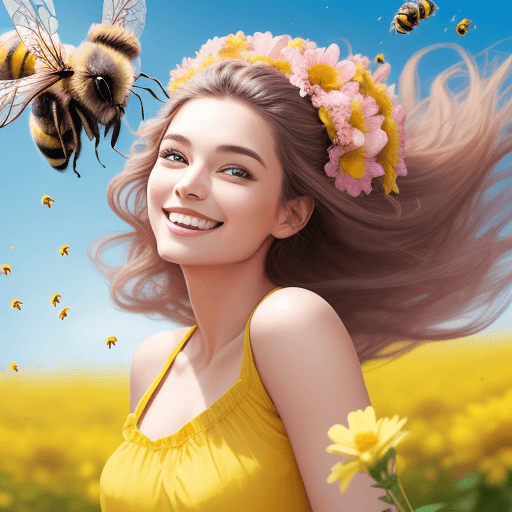 AI generated: super female model smiling with hair full of big flowers with a bee flying around