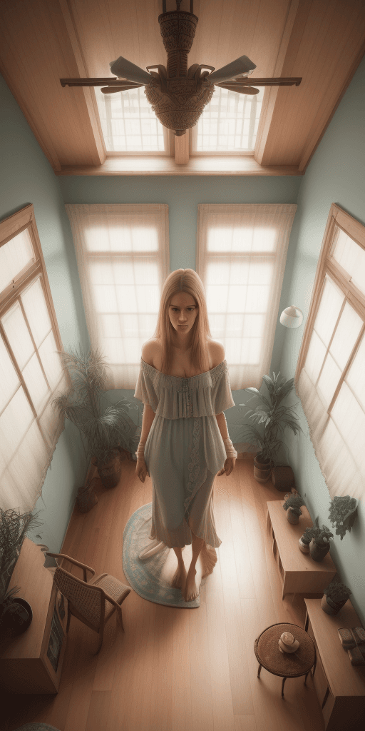 AI generated: High resolution pov view of a tall beautiful girl, Moody living room, wooden floor, small windows, B...