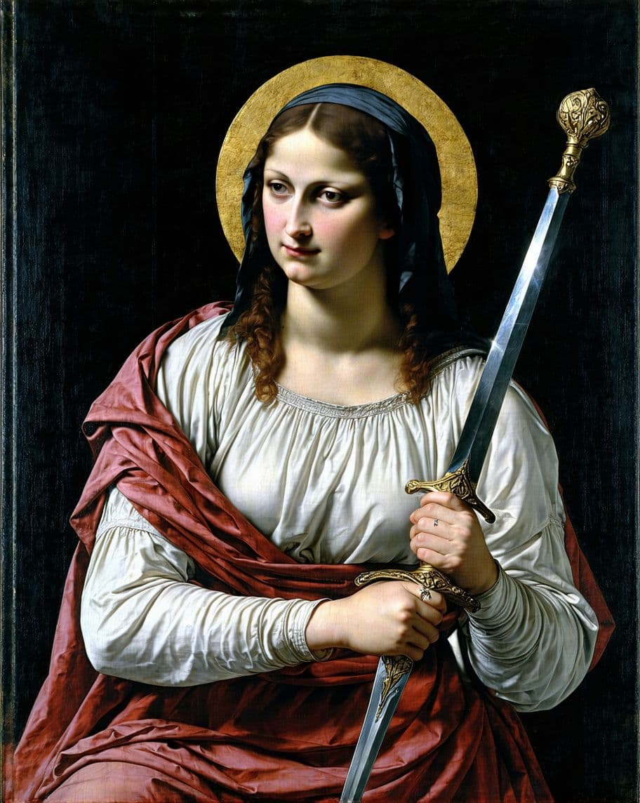 AI generated: Recrie uma pintura barroca inspirada na 'Santa Catarina de Alexandria' de Caravaggio, com uma figura...