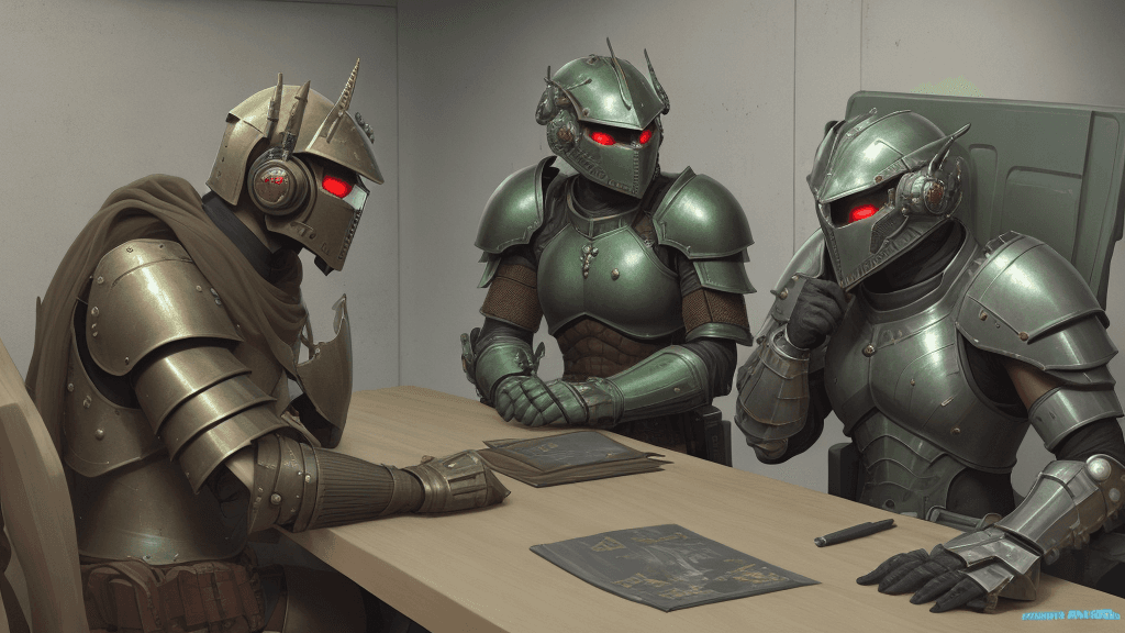 AI generated: Armoured warriors discussing in a secret lab